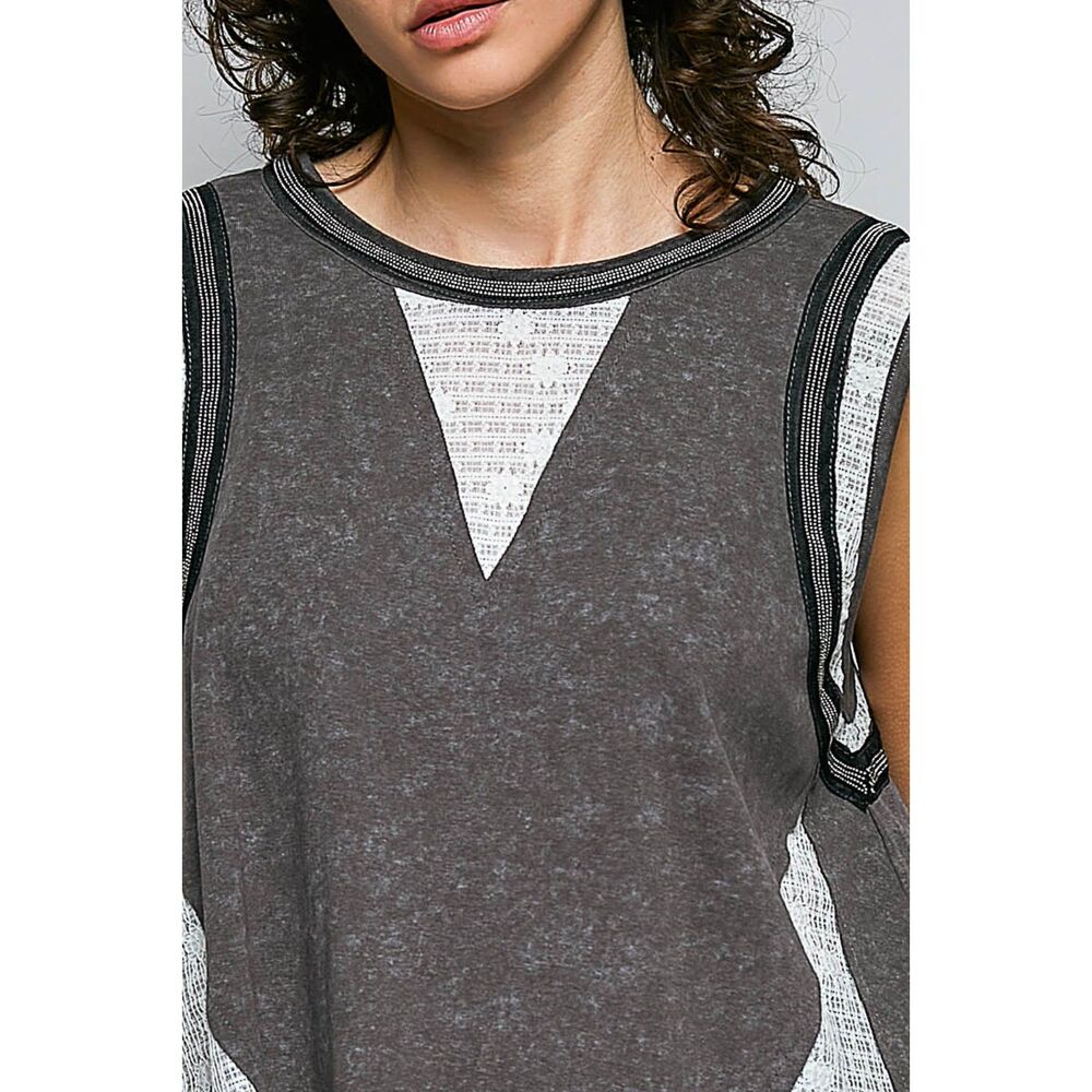 POL Sleeveless Lace Contrast Metal Embellishment Soft Knit Top